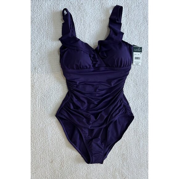 Lauren Ralph Lauren Bathing Suit Womens Size 8 / Med New Purple Ruffle One Piece - Picture 12 of 14